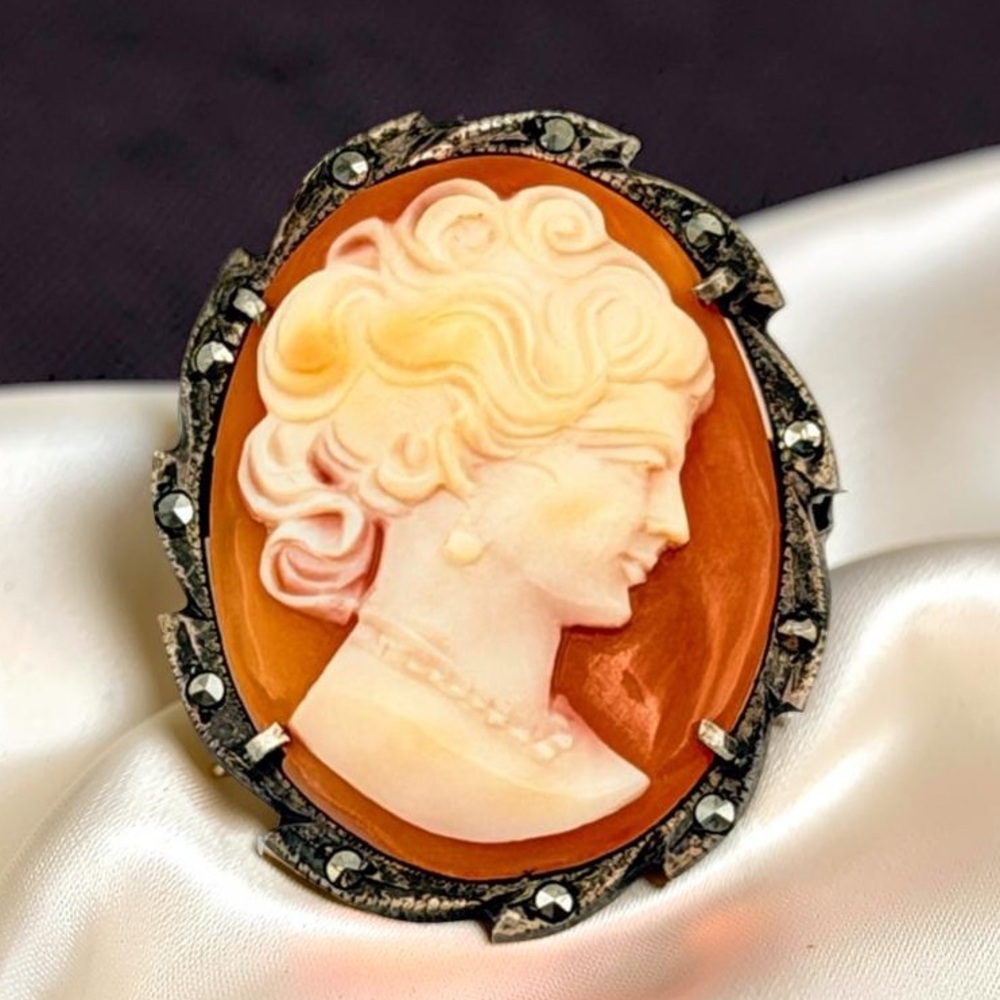 Vintage 800 Silver Cameo Brooch Pendant Necklace 16” Italian Sterling Chain
